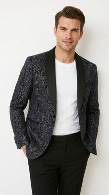 Men’s Navy Black Glitter Floral Tuxedo Dinner Jacket with Satin Lapel, Sequin Formal Blazer