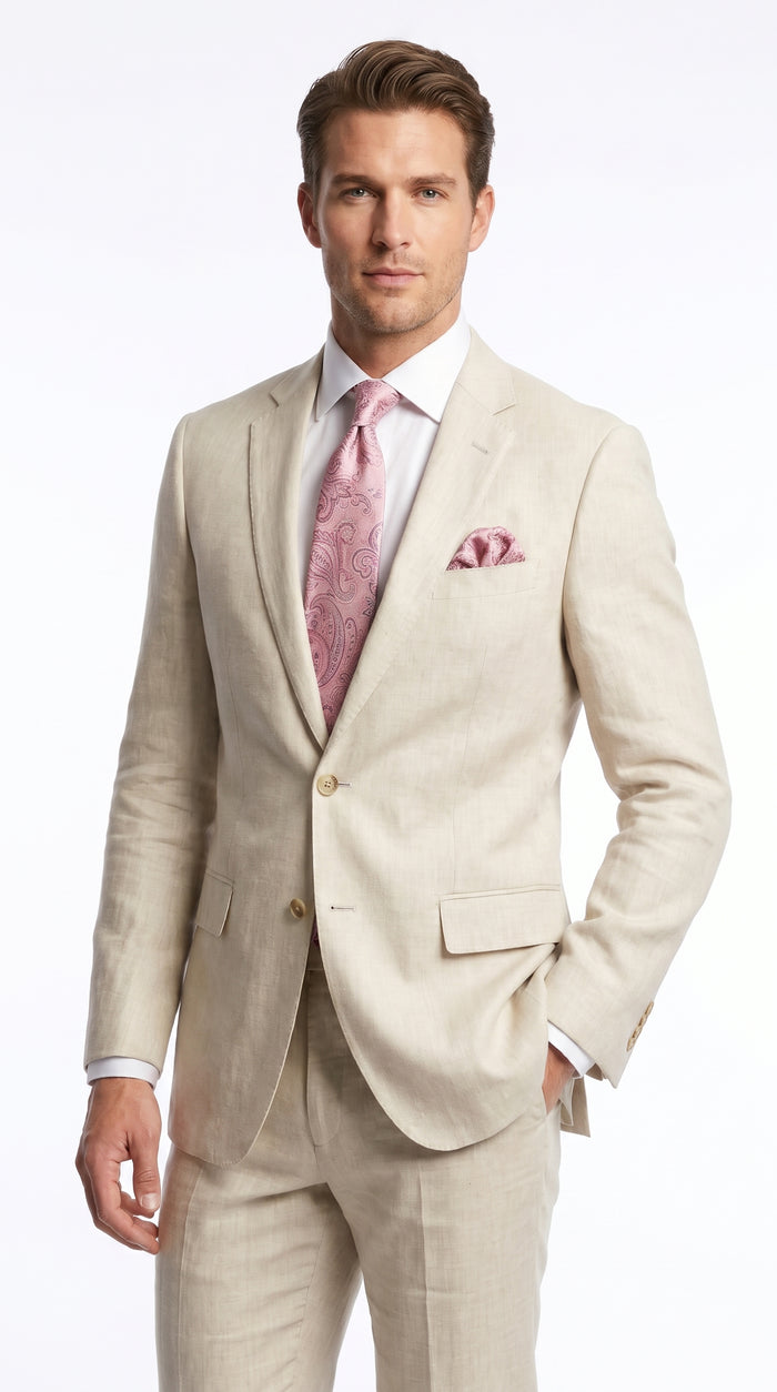 Men’s Natural Linen 2 Piece Suit with Side Vents, Two Button Regular Fit Summer Dress Suit