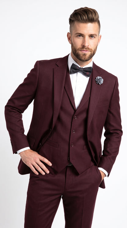 Men’s Burgundy Regular Fit Suit with Vest, Formal Wedding Prom Dress Suit Modern Fit