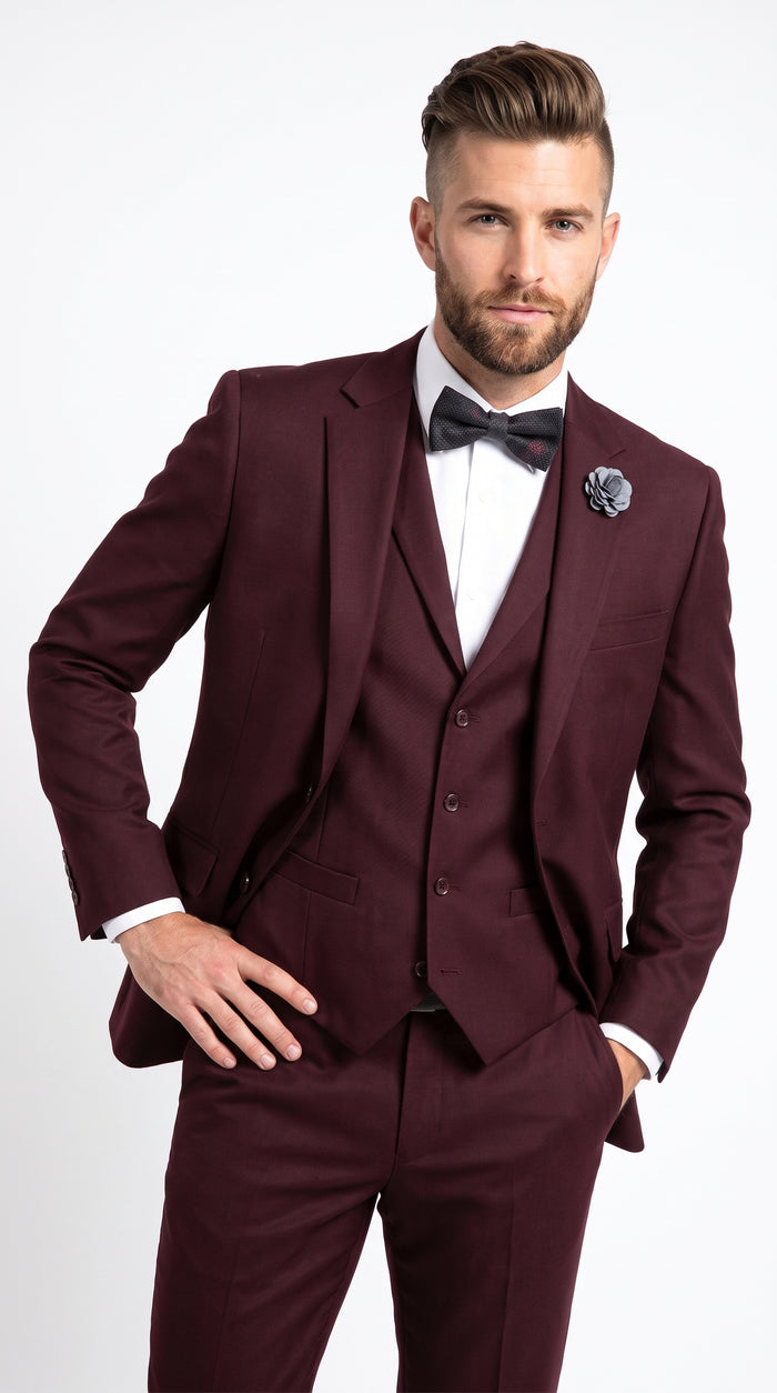 Men’s Burgundy Regular Fit Suit with Vest, Formal Wedding Prom Dress Suit Modern Fit