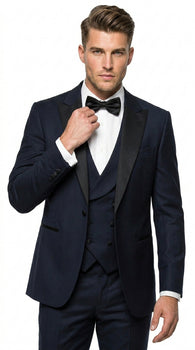 Alberto Nardoni Men’s Black Super 150s Wool Tuxedo with Peak Lapel, Double Breasted Vest and Flat Front Pants