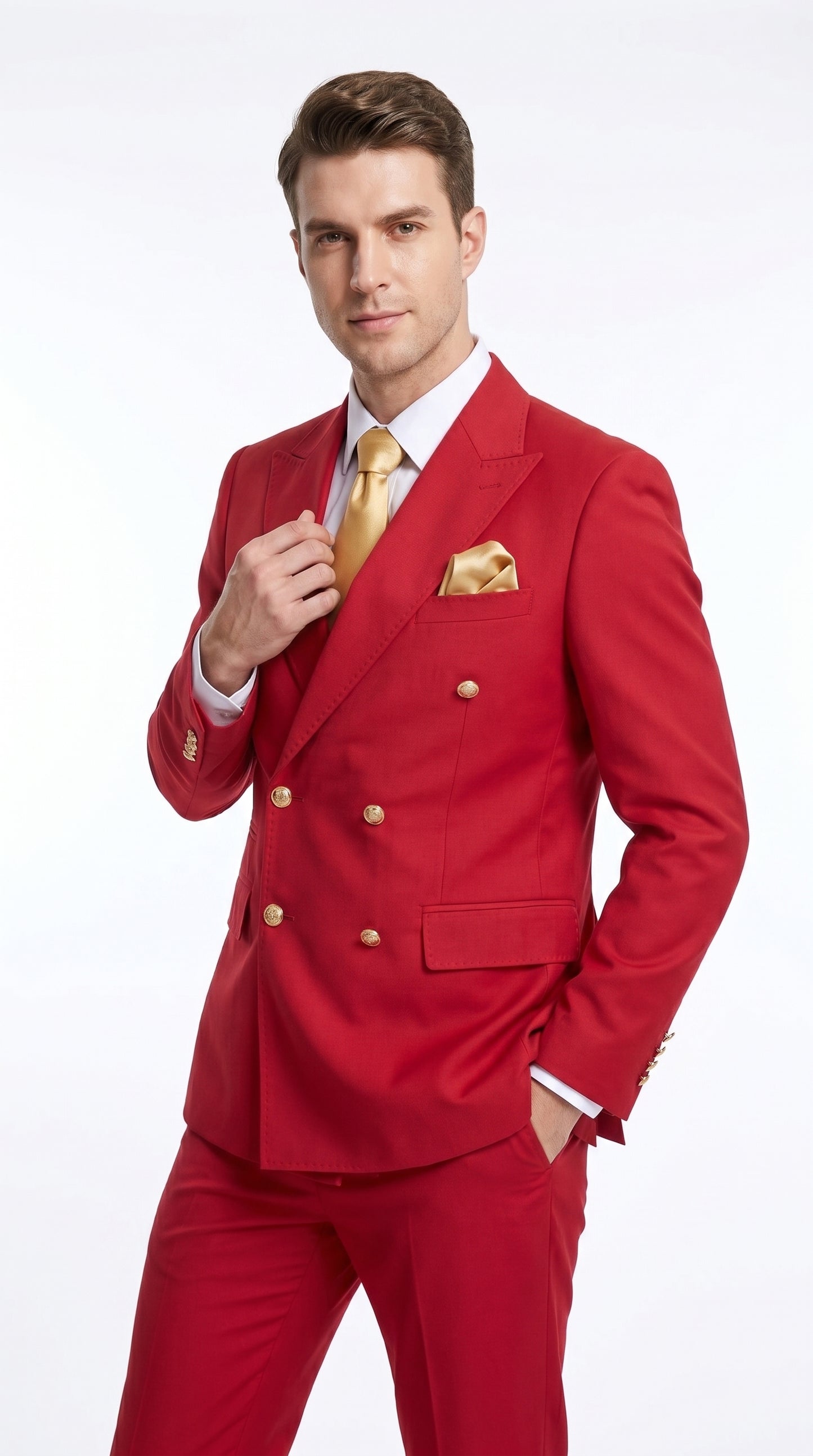 Rossi Man Milano RM1191 Men’s Red Double Breasted Suit with Gold Buttons, Formal Wedding Prom Suit Modern Fit