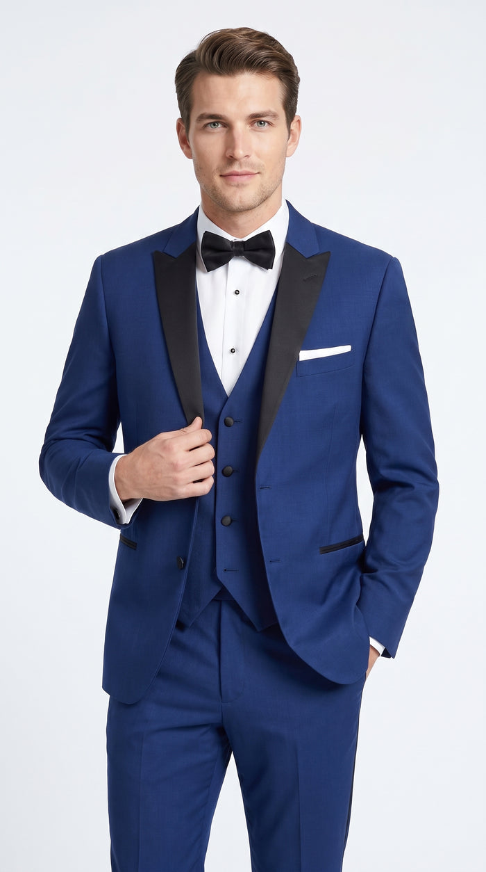 Men’s Indigo Blue Sapphire Cobalt Blue 1 Button Vested Tuxedo with Black Satin Peak Lapel