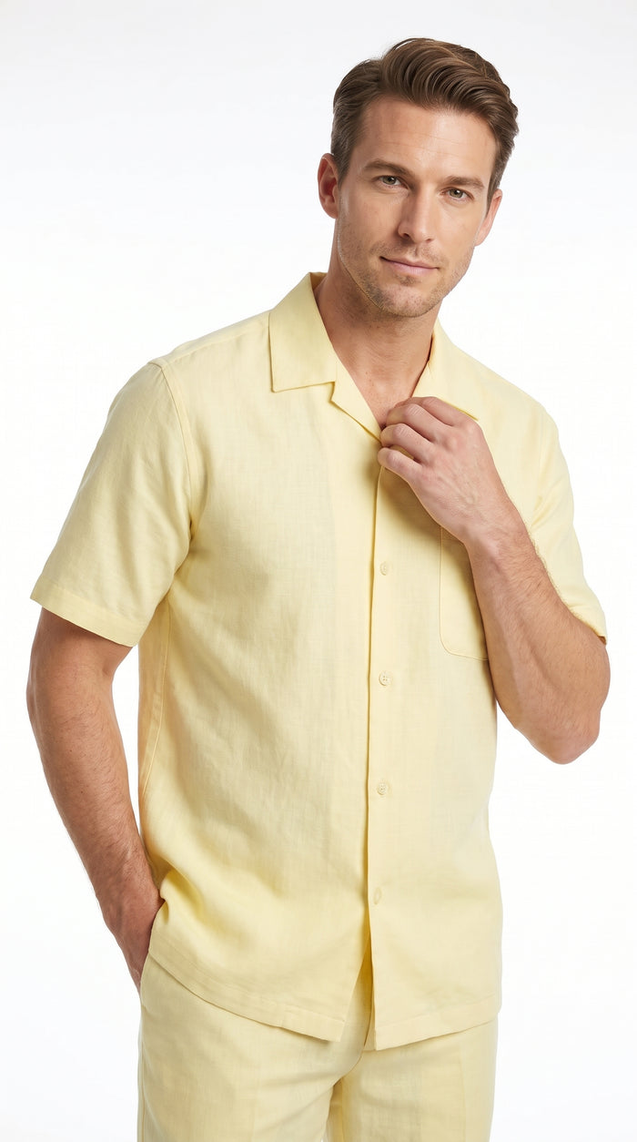 Men’s Cream 100% Linen Walking Suit, Short Sleeve Shirt and Matching Pants Casual Summer Set