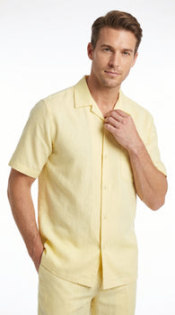 Men’s Cream 100% Linen Walking Suit, Short Sleeve Shirt and Matching Pants Casual Summer Set