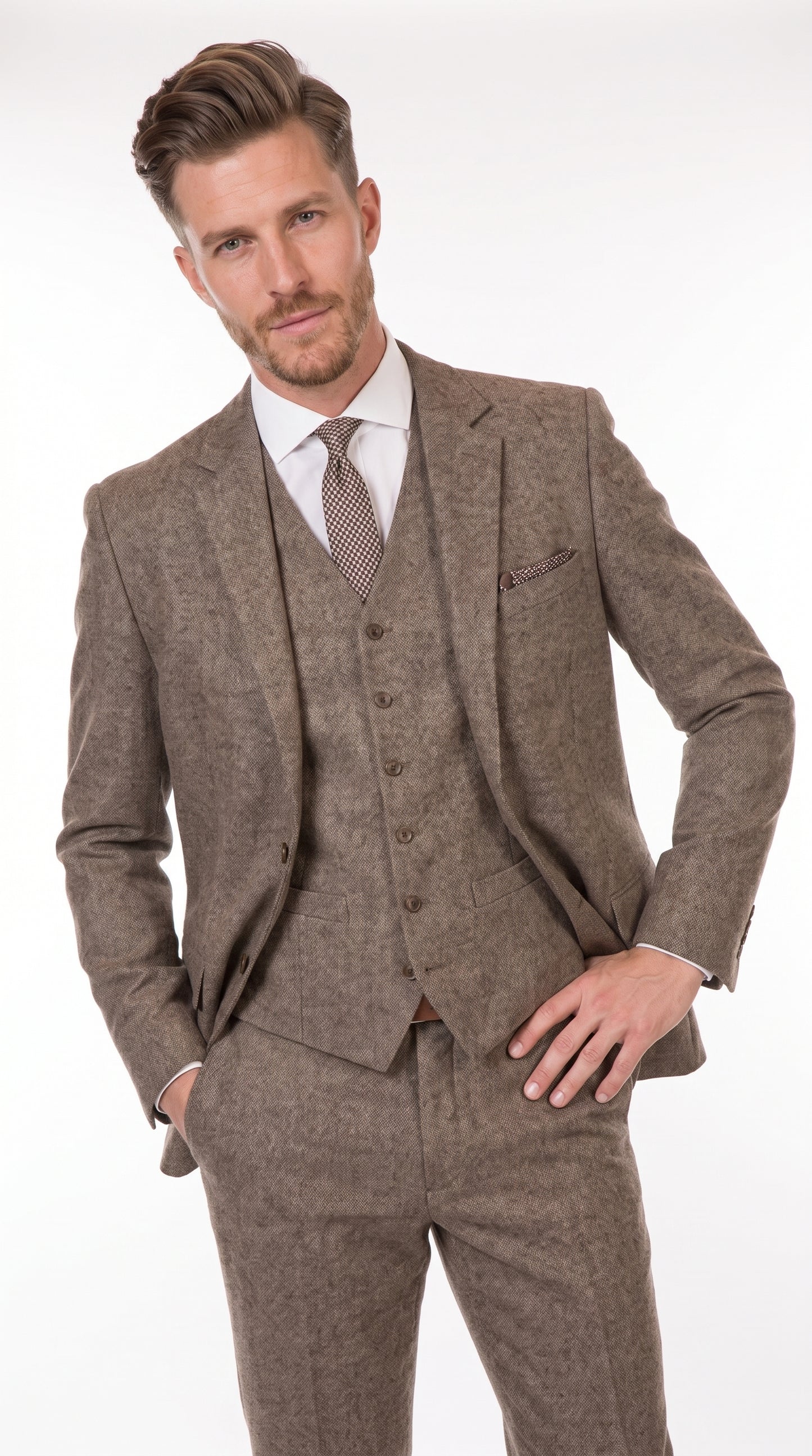 Men’s Vintage Brown Tweed Herringbone 1920s Suit, Classic Gatsby Style Dress Suit