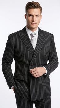 Men’s Black Double Breasted Bold Pinstripe Suit – Gangster Style Formal Dress Suit