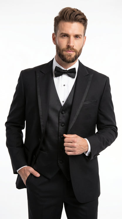 Men’s Black Modern 1 Button Tuxedo Suit with Satin Trim Peak Lapel and Wide Lapel Design