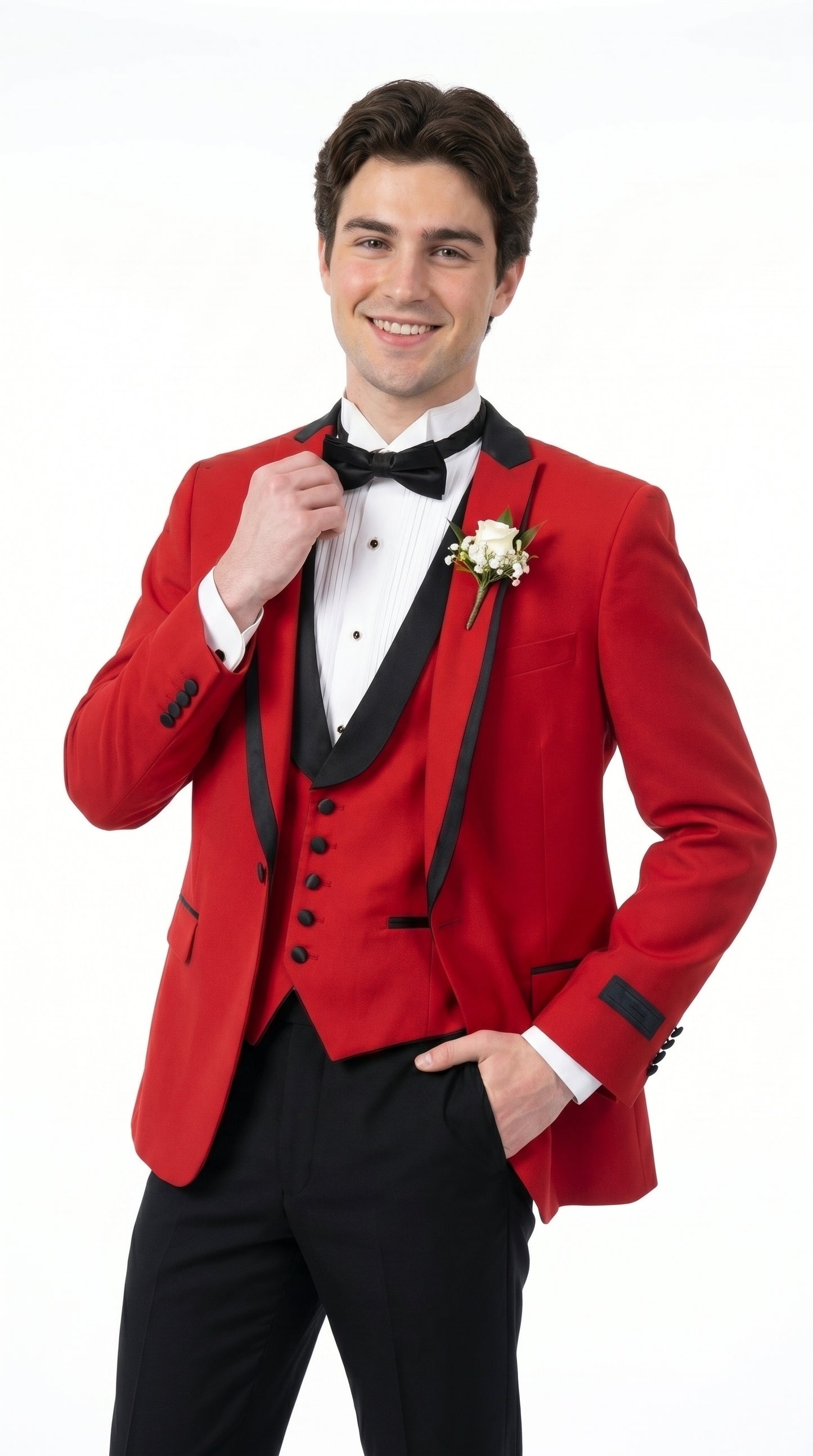 Men’s Red Prom Tuxedo Suit with Vest and Black Trim, Formal Wedding Dinner Suit