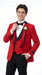 Men’s Red Prom Tuxedo Suit with Vest and Black Trim, Formal Wedding Dinner Suit