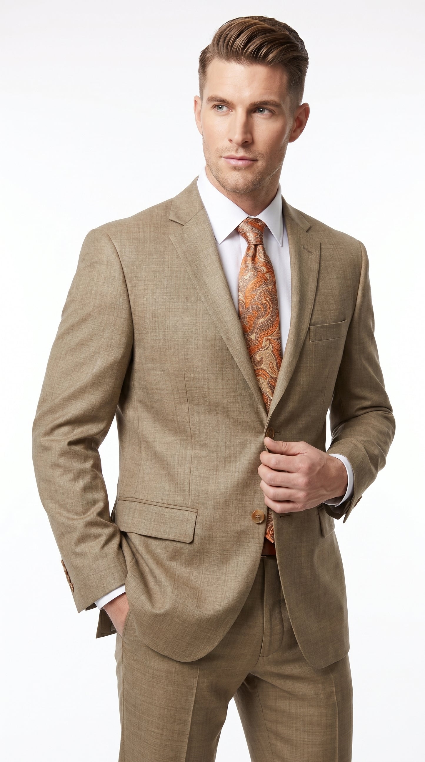 Men’s Champagne Gold Sharkskin Suit, Formal Wedding Church Business Dress Suit Set