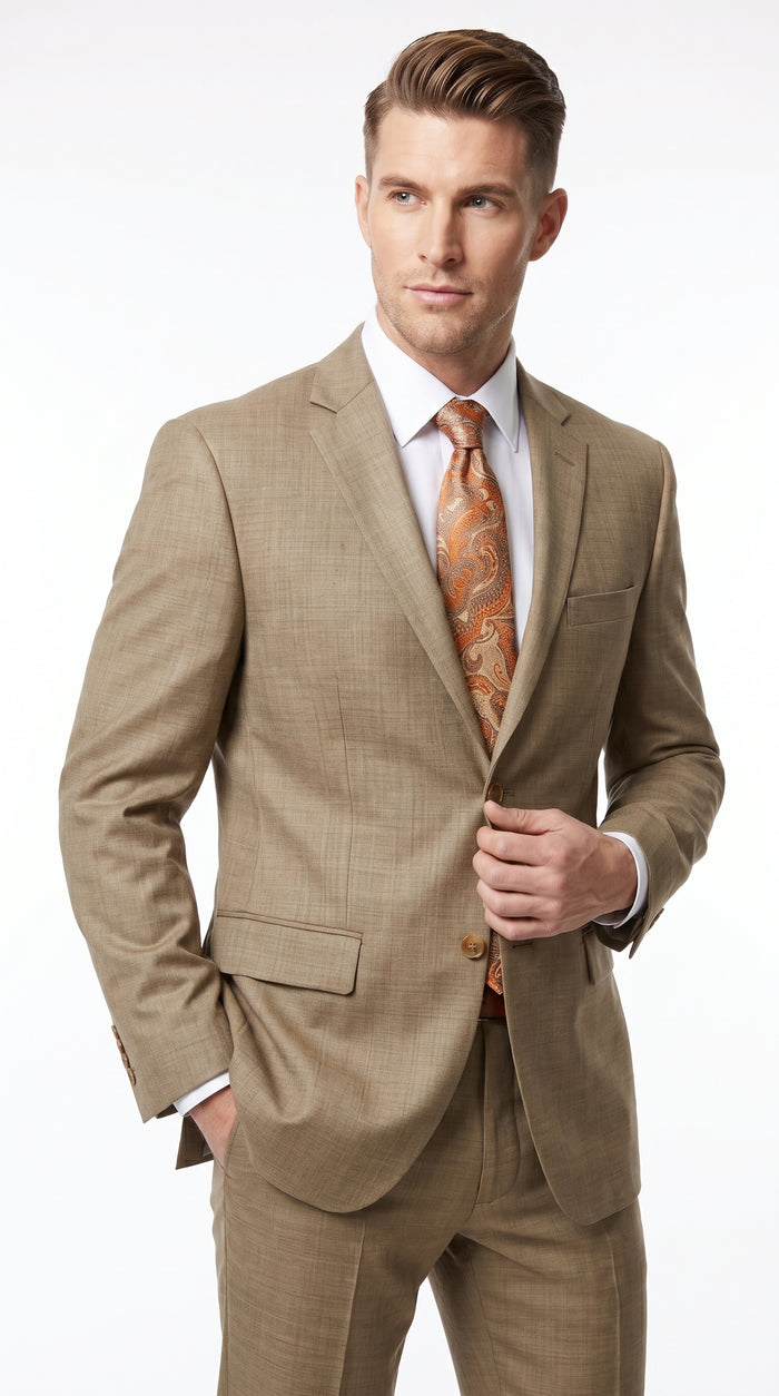 Men’s Champagne Gold Sharkskin Suit, Formal Wedding Church Business Dress Suit Set