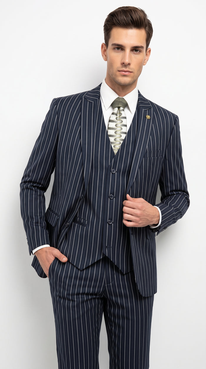 Men’s 1920s Gangster Dark Blue Bold Pinstripe 3 Piece Suit, Vested Fashion Suit with Pleated Pants Modern Fit