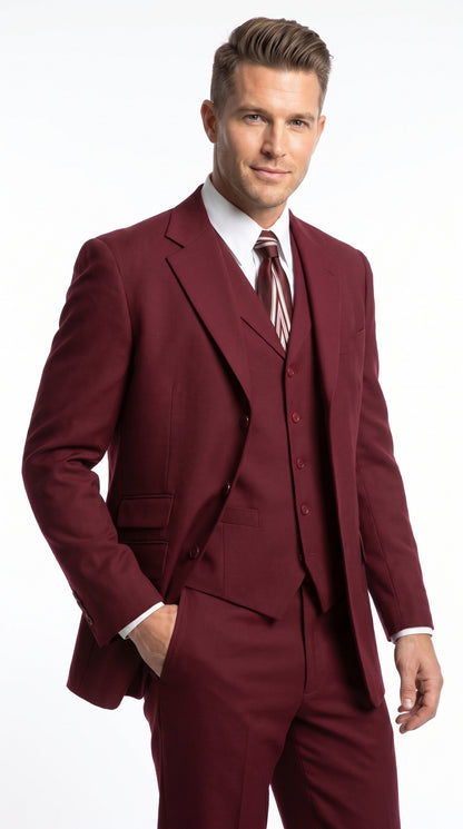 Men’s Burgundy Wine Maroon 3 Piece Vested Suit, Peak Lapel Formal Wedding Church Dress Suit Set