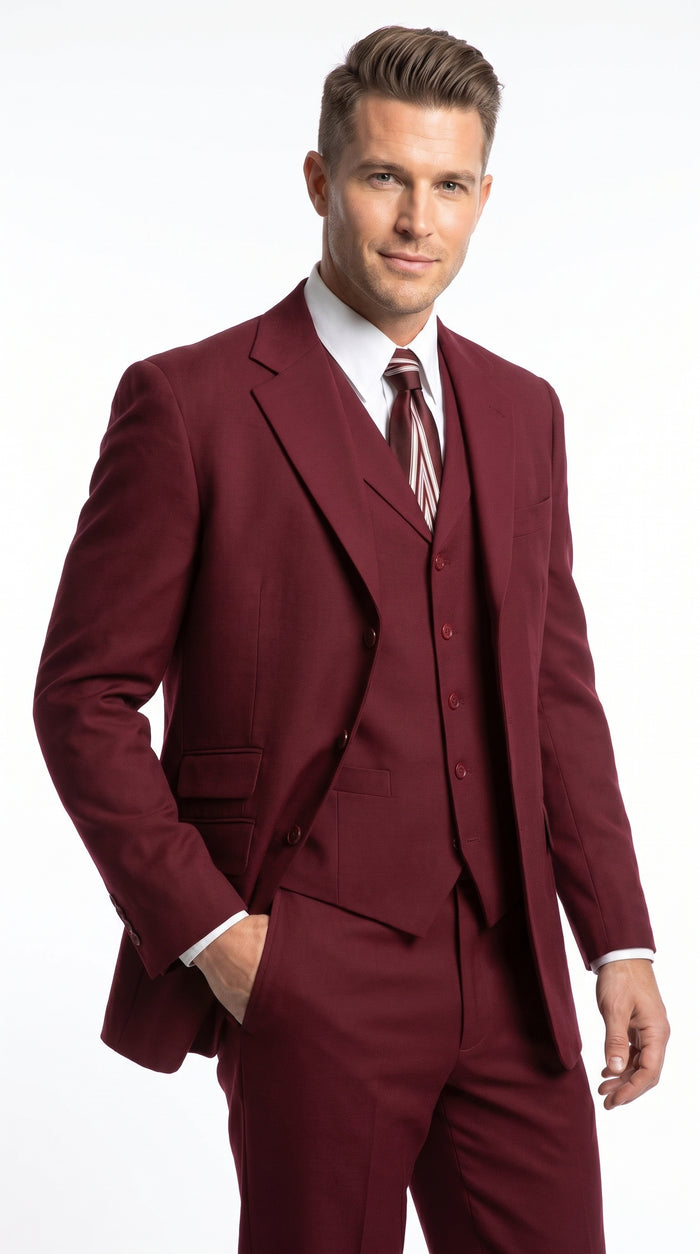 Men’s Burgundy Wine Maroon 3 Piece Vested Suit, Peak Lapel Formal Wedding Church Dress Suit Set