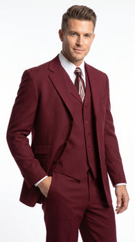 Men’s Burgundy Wine Maroon 3 Piece Vested Suit, Peak Lapel Formal Wedding Church Dress Suit Set