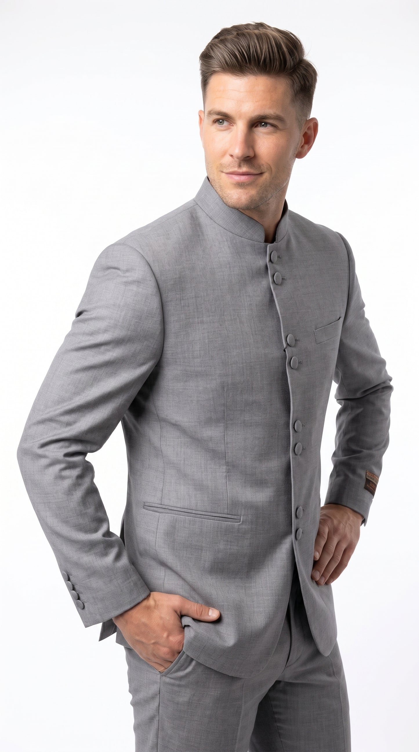 Alberto Nardoni Men’s Light Grey Mandarin Collar Suit, Banded No Collar Formal Wedding Church Suit