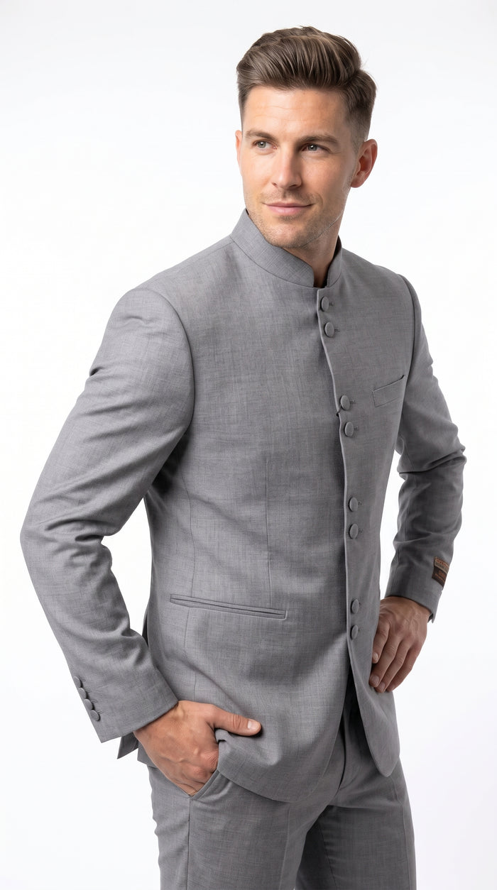 Alberto Nardoni Men’s Light Grey Mandarin Collar Suit, Banded No Collar Formal Wedding Church Suit