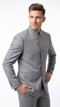Alberto Nardoni Men’s Light Grey Mandarin Collar Suit, Banded No Collar Formal Wedding Church Suit