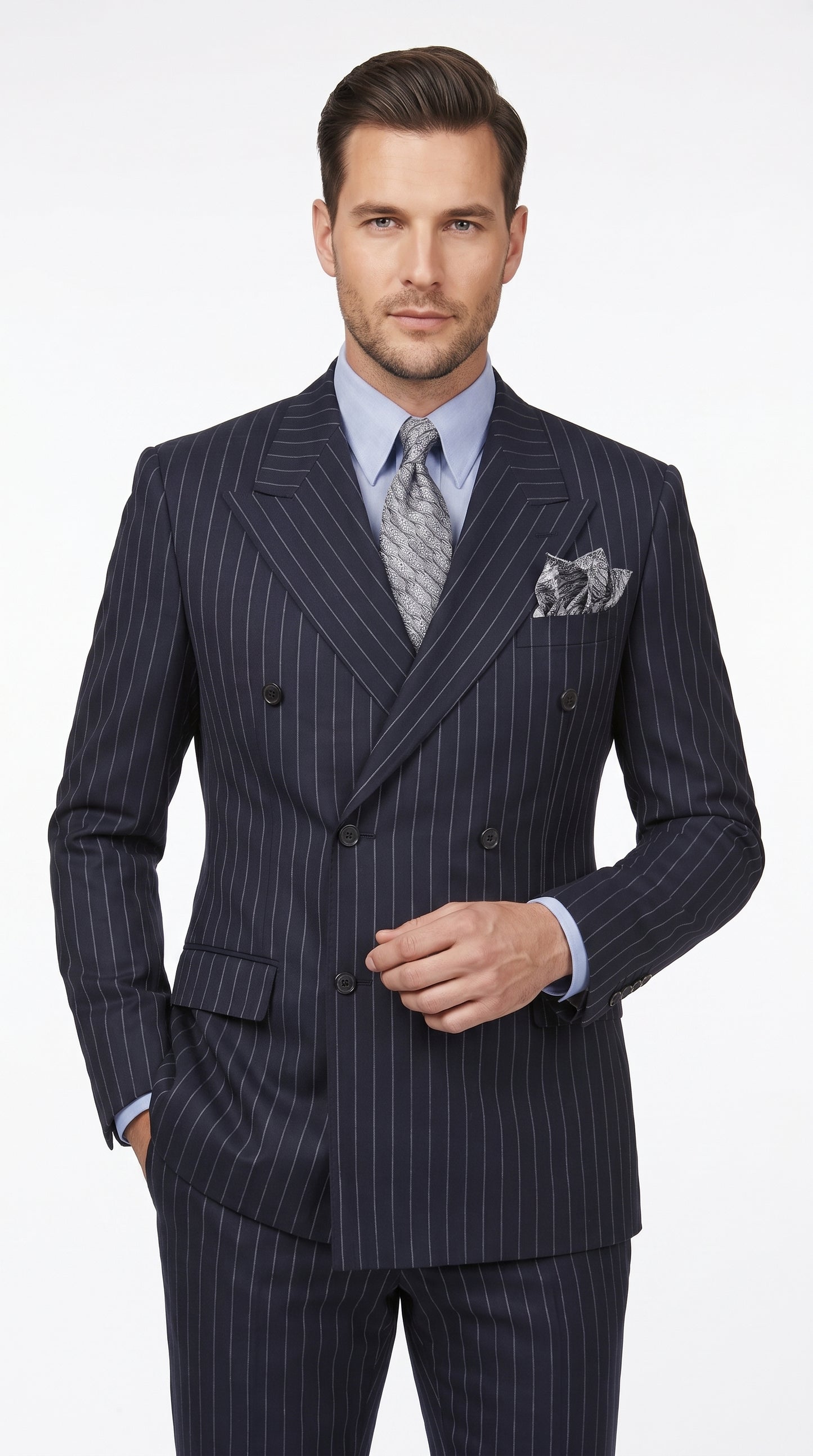 Men’s Dark Navy Blue Chalk Pinstripe Double Breasted Suit, Formal Wedding Business Dress Suit Set Modern Fit