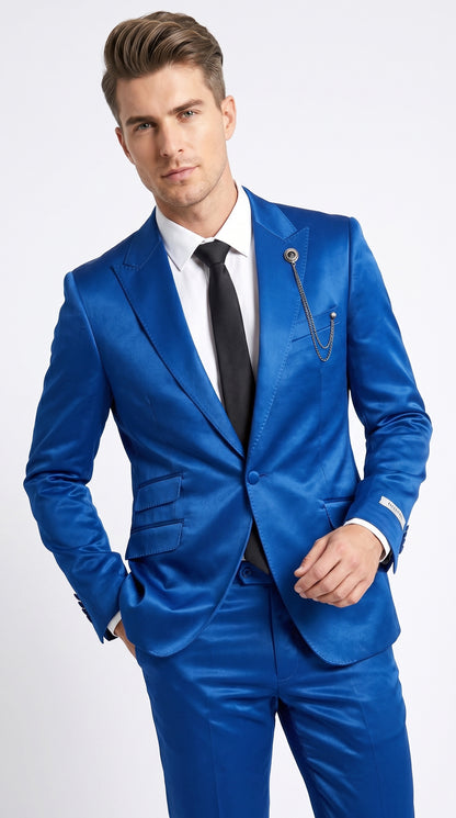 Men’s Shiny Metallic Blue Sharkskin Suit, Single Breasted Formal Wedding Prom Dress Suit Set  Modern Fit