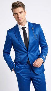 Men’s Shiny Metallic Blue Sharkskin Suit, Single Breasted Formal Wedding Prom Dress Suit Set