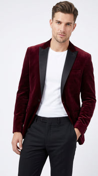 Men’s Burgundy Velvet Tuxedo Blazer with Black Satin Lapel, Crushed Velour Formal Sport Coat