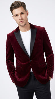 Men’s Burgundy Velvet Tuxedo Blazer with Black Satin Lapel, Crushed Velour Formal Sport Coat