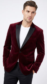 Men’s Burgundy Velvet Tuxedo Blazer with Black Satin Lapel, Crushed Velour Formal Sport Coat