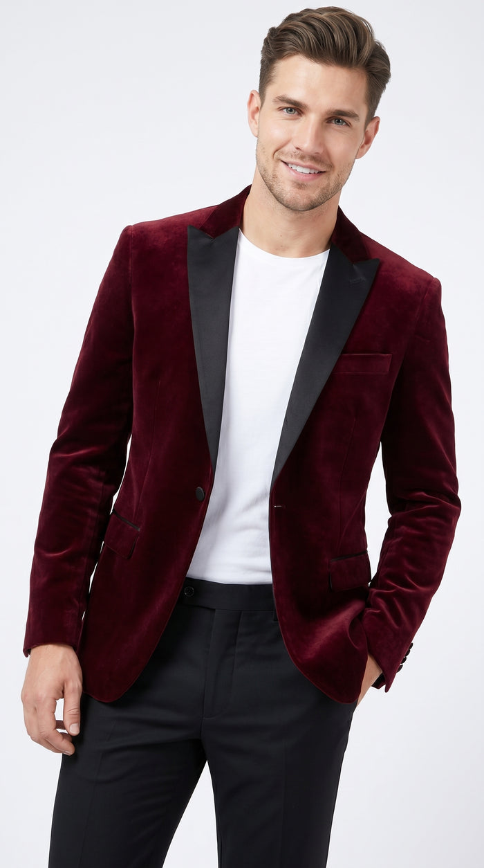 Men’s Burgundy Velvet Tuxedo Blazer with Black Satin Lapel, Crushed Velour Formal Sport Coat