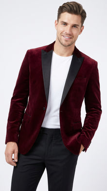 Men’s Burgundy Velvet Tuxedo Blazer with Black Satin Lapel, Crushed Velour Formal Sport Coat
