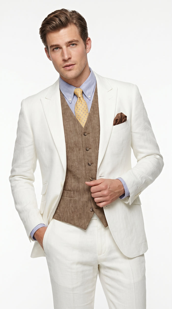 Men’s Off White Great Gatsby 3 Piece Suit, Vintage Wedding Prom Formal Vested Suit Set Modern Fit