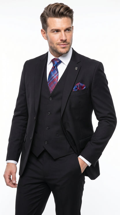 Men’s Black 3 Piece 2 Button Suit, Vested Formal Wedding Business Dress Suit Set