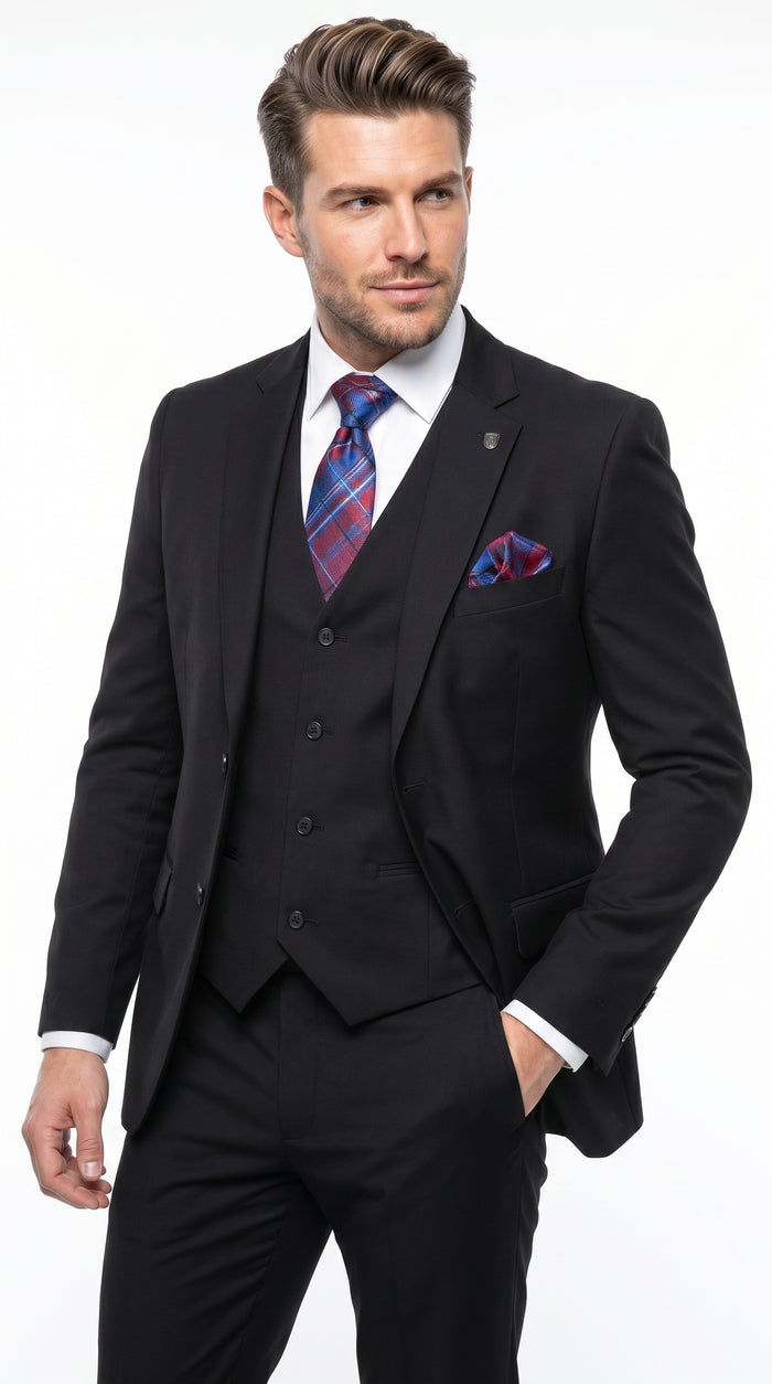Men’s Black 3 Piece 2 Button Suit, Vested Formal Wedding Business Dress Suit Set