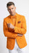 Men’s Mango Orange Blazer with Matching Shirt and Bow Tie, White Pants Formal Outfit