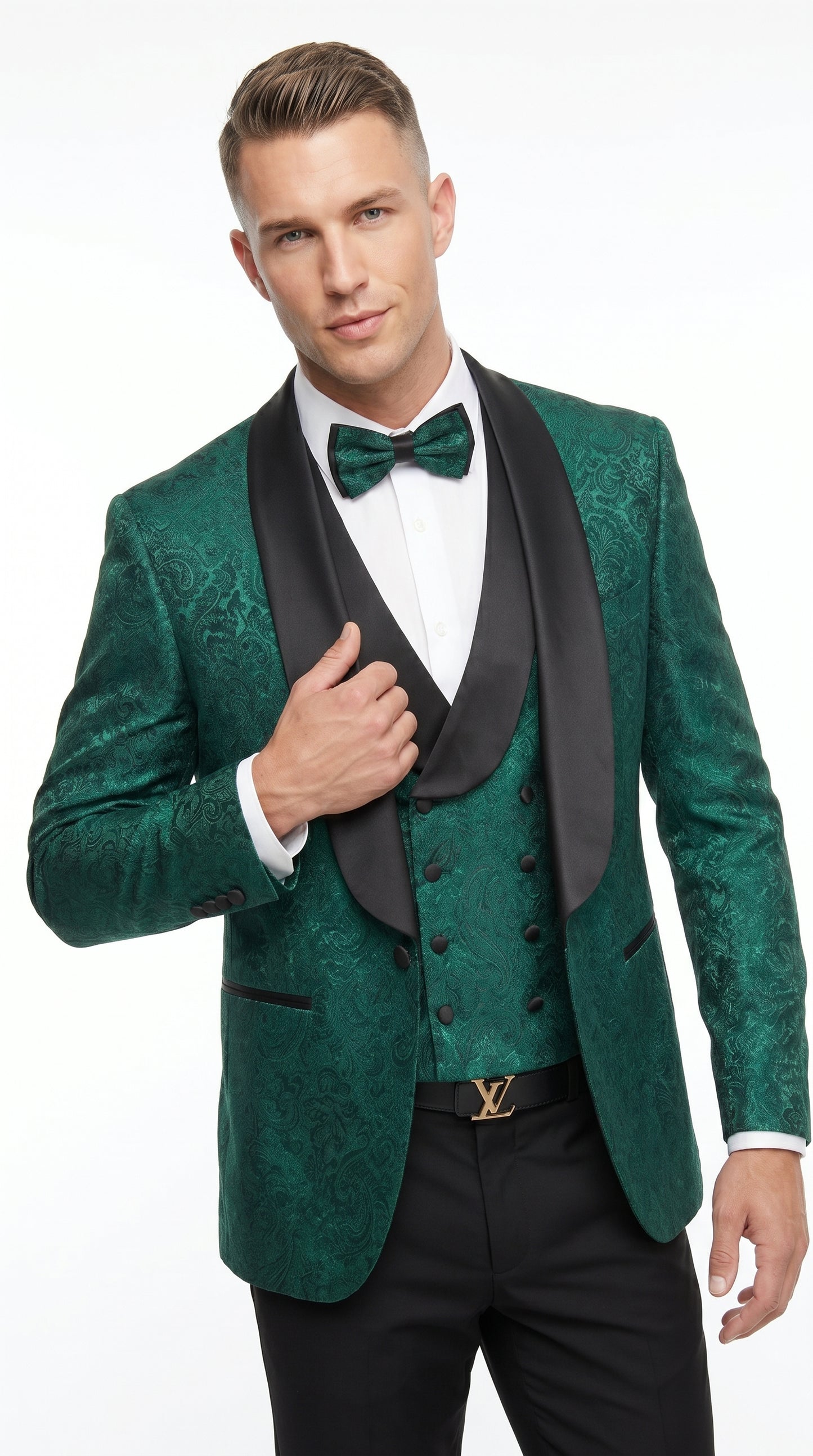 Men’s Hunter Green Textured Pattern  Suit with Black Shawl Lapel, Formal Wedding Prom Suit Modern Fit