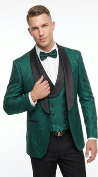 Men’s Hunter Green Textured Pattern Modern Fit Suit with Black Shawl Lapel, Formal Wedding Prom Suit