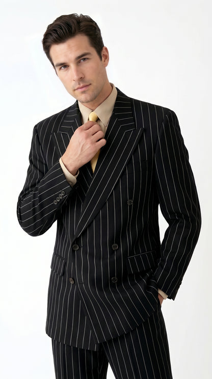 Men’s Black Pinstripe Double Breasted Suit, Super 120s Acrylic Rayon Formal Dress Suit Modern Fit