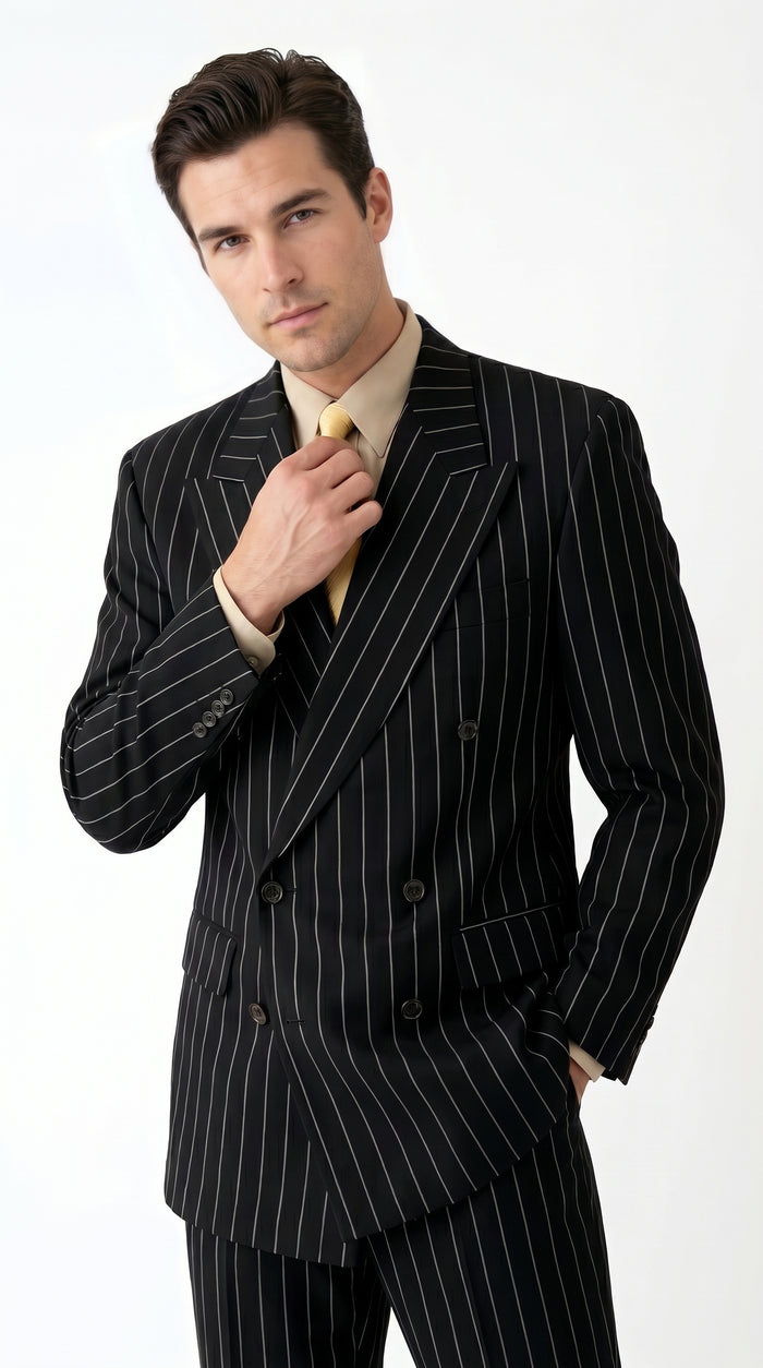 Men’s Black Pinstripe Double Breasted Suit, Super 120s Acrylic Rayon Formal Dress Suit Modern Fit