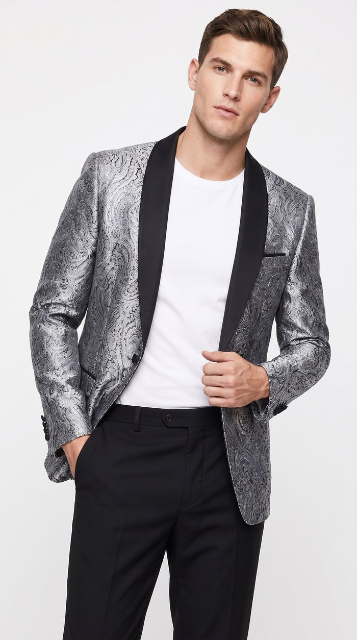 Alberto Nardoni Men's Silver Gray & Black Paisley Sequin Tuxedo Suit with Black Satin Shawl Lapel