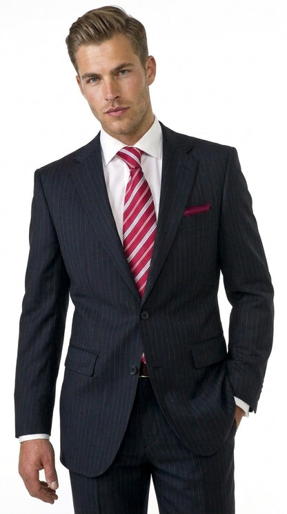 Men’s Black Pinstripe 2 Button Business Suit, Affordable 2 Piece Formal Dress Suit Clearance Sale