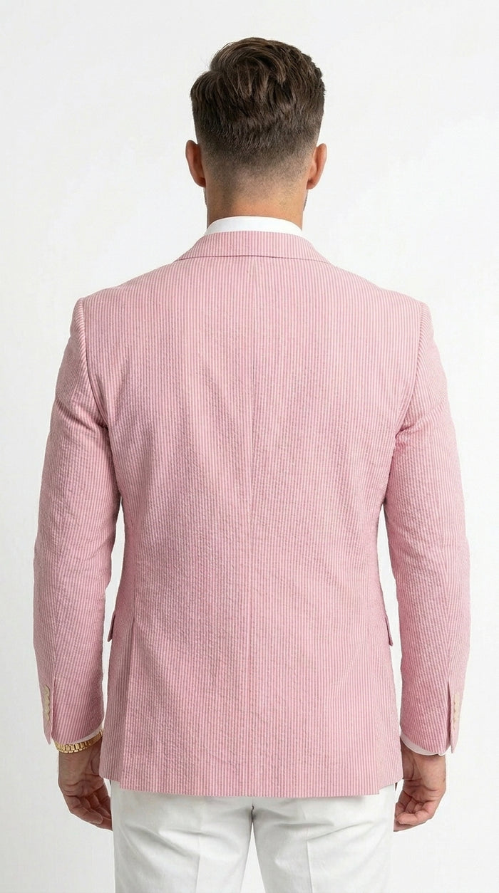 Men’s Light Red Seersucker Blazer Jacket with Notch Lapel, Dress Casual Sport Coat
