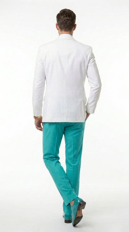 White and Turquoise Tuxedo Wedding Suit - White Dinner Jacket + Vest + Pants + Bow-tie