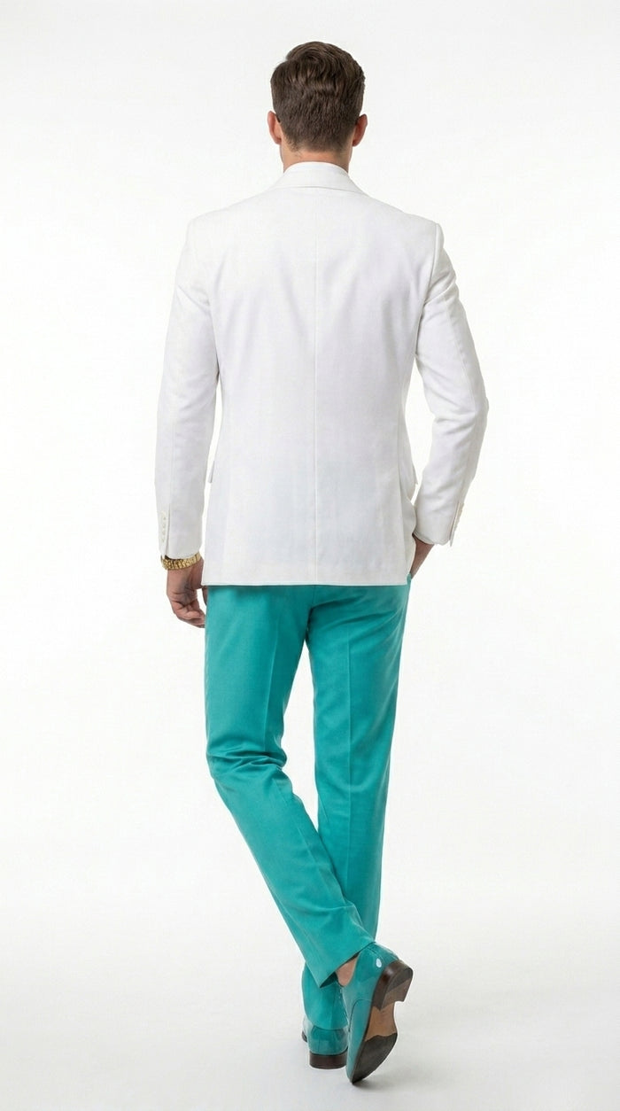 White and Turquoise Tuxedo Wedding Suit - White Dinner Jacket + Vest + Pants + Bow-tie