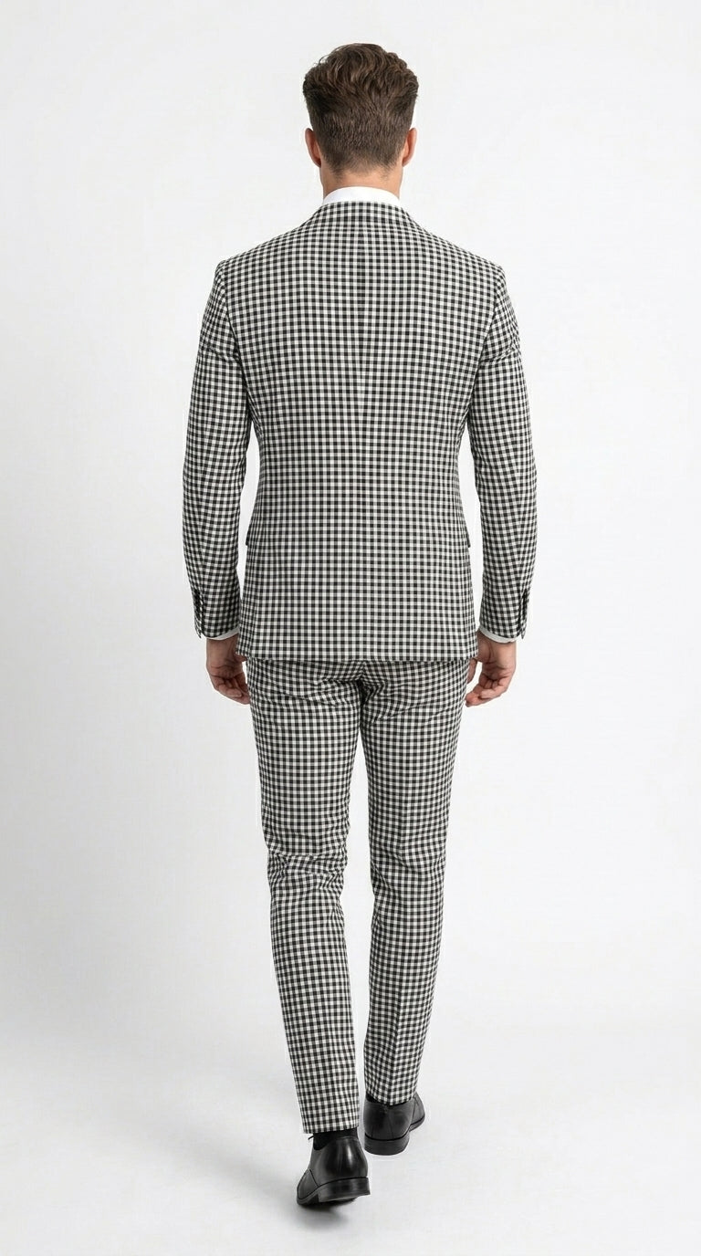 Men’s Black and White Houndstooth 2 Piece Wool Suit with Double Breasted Jacket and Pants
