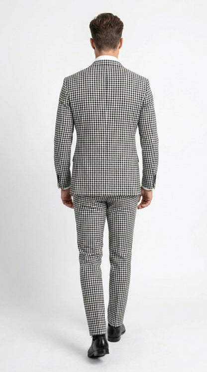 Men’s Black and White Houndstooth 2 Piece Wool Suit with Double Breasted Jacket and Pants