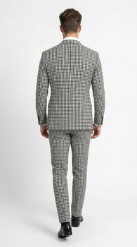 Men’s Black and White Houndstooth 2 Piece Wool Suit with Double Breasted Jacket and Pants