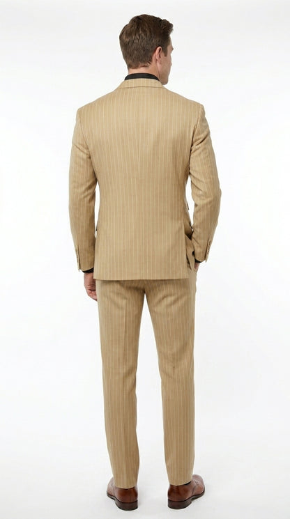 Mens Double Breasted Gangster Bold Pinstripe Suit in Camel