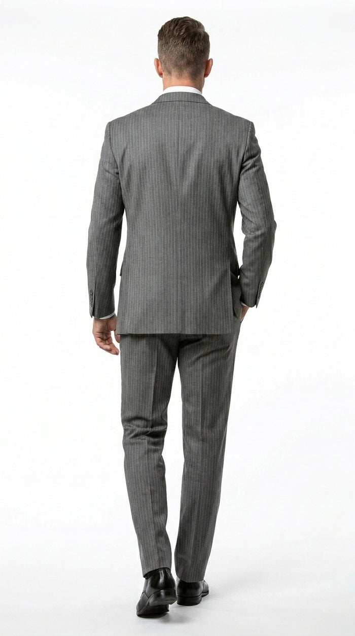Men’s Medium Grey Classic Vested Pinstripe Suit with Jacket, Vest and Pants, Formal Dress Suit