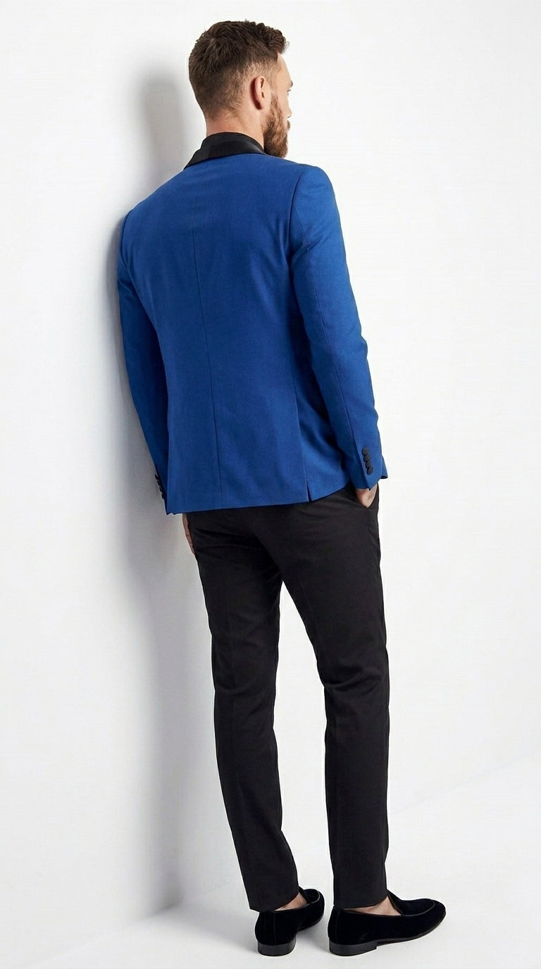 Men’s Blue 1 Button Blazer Jacket with Black Pants, Formal Party Wedding Dress Suit